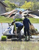 　津波被害を免れた水田で、孫と田植えをする泊一夫さん（中央）＝５月、石川県穴水町甲地区