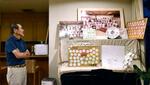 　甲子園ホテル夕立荘のロビーに飾られた写真や寄せ書き。左は社長の島田昭一さん＝兵庫県西宮市