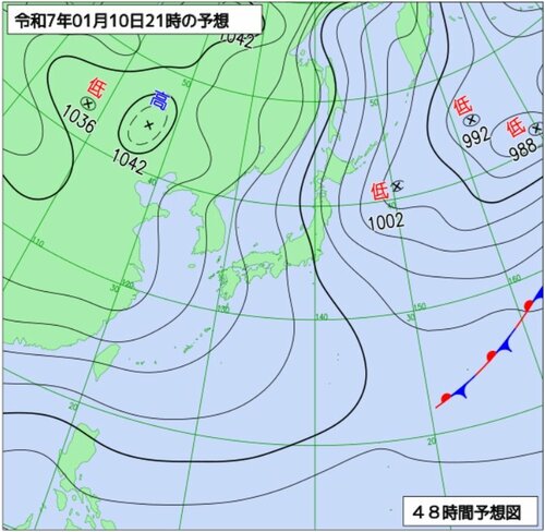 １０日午後９時の予想天気図（気象庁ホームページより）