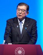 　第９２回自民党大会で演説する石破首相＝９日午前、東京都内