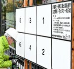 ポスター掲示板を取り付ける設置業者＝７日、鳥取市役所前