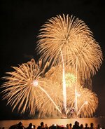 米子の夜空と水面を美しく照らす花火＝２０日夜、鳥取県米子市の米子港