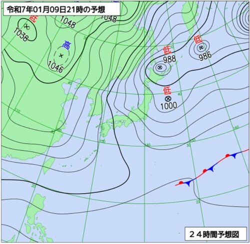 ９日午後９時の予想天気図（気象庁ホームページより）