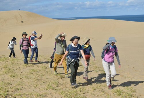 秋風を受けて鳥取砂丘を歩く参加者＝５日、鳥取市福部町湯山の鳥取砂丘