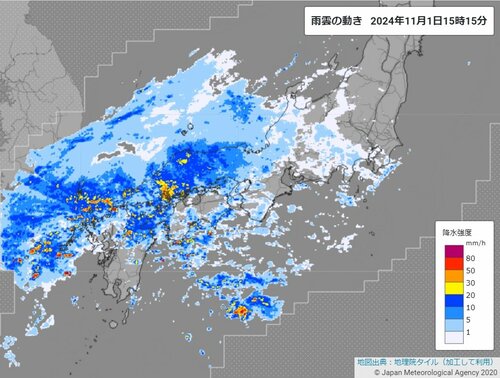 １日午後３時１５分現在の雨雲の動き（気象庁ホームページより）