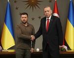 　７月、トルコ・イスタンブールで、エルドアン大統領（右）と握手するウクライナのゼレンスキー大統領（共同）