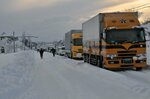 立ち往生するトラックや乗用車で長い列が出来た国道９号＝２０１１年１月１日、琴浦町