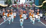 「山形花笠まつり」で紅花をあしらった花笠を手に舞を披露する踊り手＝５日夕、山形市