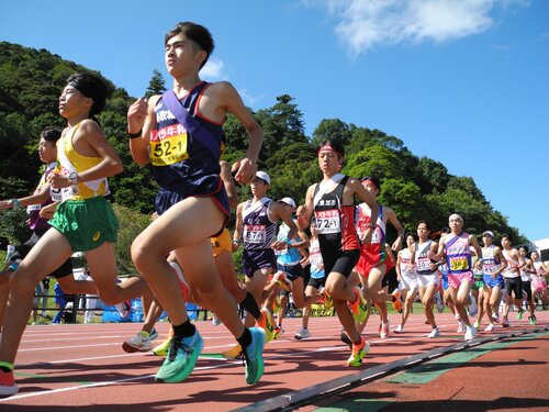 一斉にスタートする日本海駅伝１区ランナー＝１３日、鳥取県倉吉市の市営陸上競技場