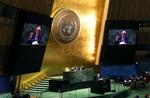 　国連総会で演説するパレスチナのマンスール国連大使＝２６日、ニューヨーク（ロイター＝共同）