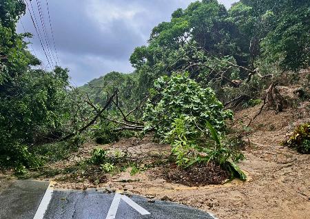 　大雨の影響で土砂が流入した鹿児島県・与論島の道路＝９日午前（鹿児島県提供）