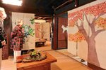 紅葉をモチーフにしたのれんなどが会場を彩る「寺口敬子型絵染展」＝新温泉町居組