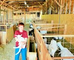 畜舎に改修利用する元製材所倉庫で子ヤギを抱く竹川さん＝安来市清瀬町