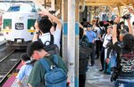 運行最終日となった「緑やくも色」車両をホームで撮影する鉄道愛好家ら＝１４日、ＪＲ米子駅