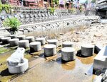 湯村温泉街を流れる春来川に整備された飛び石橋とカジカガエルのオブジェ。実証実験で親水域の活用を模索する＝新温泉町湯