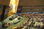 　パレスチナ自治区ガザ情勢に関する決議案を採決する国連総会の会合＝２７日、米ニューヨーク