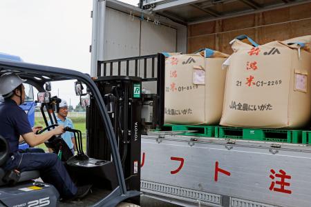 　全国農業協同組合連合会新潟県本部のコシヒカリ県外向け出荷式で、トラックに積み込まれる県産米＝１２日午前、新潟市