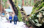 弁天岩（右）や杉などの大木に囲まれた江嶋神社。若桜弁財天と呼ばれ、親しまれる