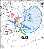 ７台の車両が横転した２０１２年４月２２日正午ごろの天気図。低気圧と高気圧の間で等圧線が混み合い、鳥取県内には南からの強風が吹きやすい状況が生じていた