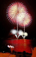 米子の夜空と水面を美しく照らす花火＝２０日夜、鳥取県米子市の米子港