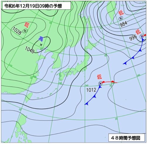 １２月１９日午前９時の予想天気図（気象庁ホームページより）