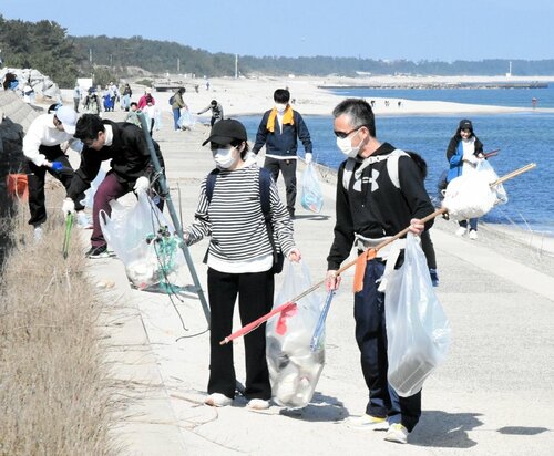 サイクリングコース周辺の海岸を清掃する参加者＝２２日、米子市両三柳