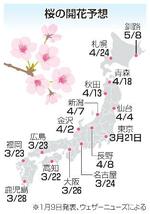 　桜の開花予想（１月９日発表、ウェザーニューズによる）