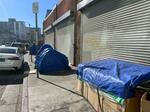 　ホームレスが増加している米ロサンゼルスの路上に並ぶテント＝１１日（共同）