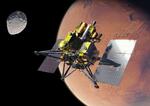 　火星衛星に向かう探査機のイメージ。右の天体が火星、左が衛星フォボス（ＪＡＸＡ提供）