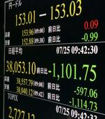　下げ幅が一時１１００円を超えた日経平均株価を示すモニター＝２５日午前、東京・東新橋