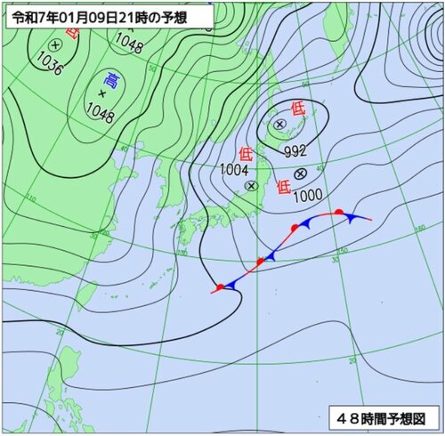 ９日午後９時の予想天気図（気象庁ホームページより）