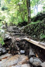 階段の一部が崩れ、土砂や木の枝がたまった渓谷沿いの遊歩道＝８月２９日、香美町小代区久須部の久須部渓谷