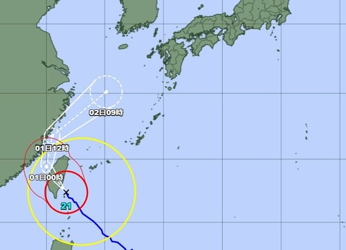 ３１日正午現在の台風２１号の進路予報図（気象庁ホームページより）