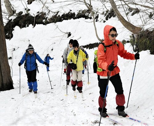 大山の自然の中でスキーを楽しむ参加者ら