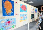 色鮮やかに豊かな海の生き物や風景を描いた作品が並ぶ会場＝香美町香住区境のジオパークと海の文化館