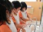 手洗いの歌を口ずさみながら指の間などを丁寧に洗う園児＝２３日、鳥取市布勢の松保保育園