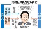 　所得税減税を巡る構図（似顔　本間康司）