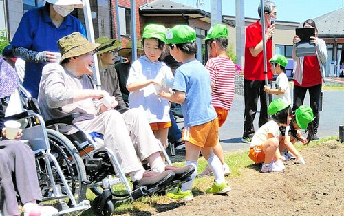 交流しながらコスモスの種まきをする園児とお年寄り