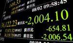 　下げ幅が一時２０００円を超えた日経平均株価を示すモニター＝２日午前、東京・東新橋