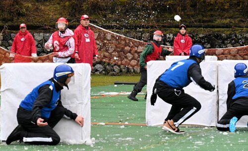 相手の隙を狙って雪玉を投げる参加者＝２日、若桜町若桜の町ふれあい広場