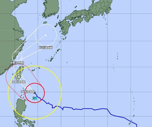 ３０日午後３時現在の台風２１号の進路予報図（気象庁ホームページより）