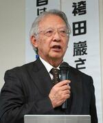 　袴田巌さんの支援団体が主催した集会で講演する「大川原化工機」の大川原正明社長＝４日午後、静岡市清水区