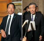 　会談を終えた自民党の森山幹事長（右）と国民民主党の榛葉幹事長＝１０月３１日、国会