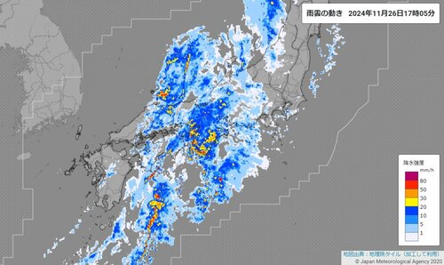 ２６日午後５時５分現在の雨雲の動き（気象庁ホームページより）