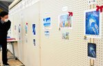 未来に残したい豊かできれいな海を描いた作品が並ぶ会場＝香美町香住区の香住区中央公民館