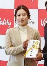 　寄付金を贈呈する女子ゴルフの西村優菜＝１３日、東京都内