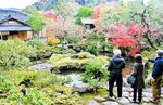 紅葉に彩られた池泉回遊式庭園を楽しむ参加者ら＝２日、倉吉市河原町
