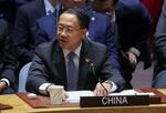 　２０日、ウクライナ情勢に関する国連安全保障理事会の会合で発言する中国の馬朝旭外務次官＝米ニューヨーク（ロイター＝共同）