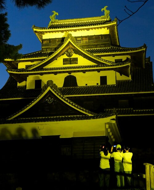 啓発カラーの金色にライトアップされた松江城＝９日夜、松江市殿町