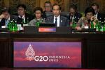 　Ｇ２０首脳会議で演説するインドネシアのジョコ大統領＝２０２２年１１月、ヌサドゥア（ＡＰ＝共同）
